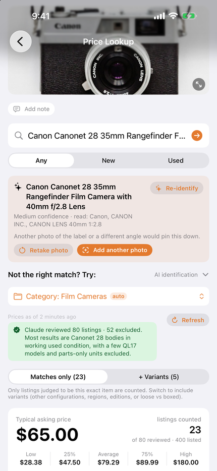 Price Disco showing a photo of a Canon rangefinder camera at the top of the screen, identified as a Canon Canonet 28 with a 40mm f/2.8 lens, above a typical asking price of $65.00 from 23 counted listings out of 80 reviewed.